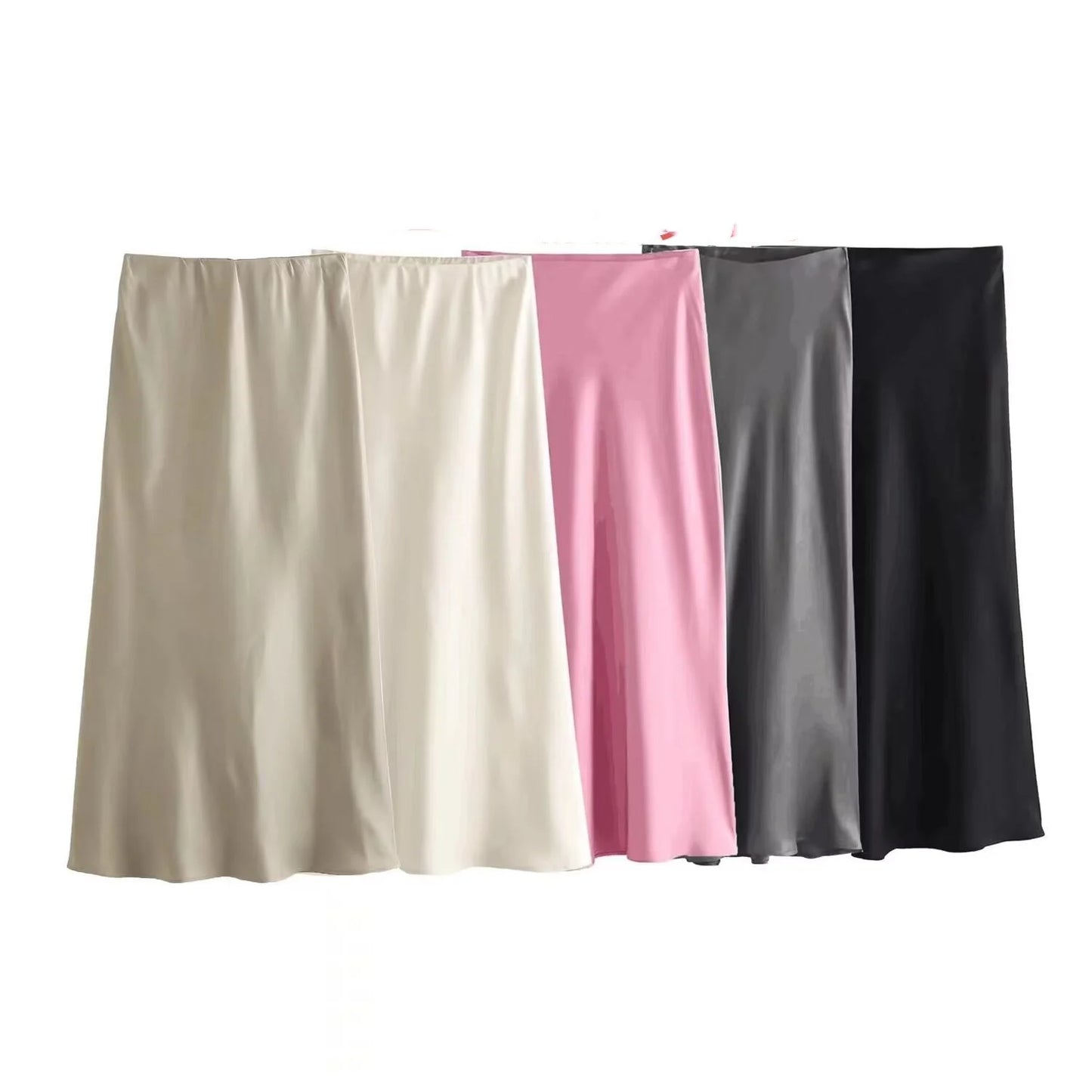 2024 Summer New European and American Style Fashion Casual Silk Midi Skirt Solid Color Women's Mid length Skirt Half skirt