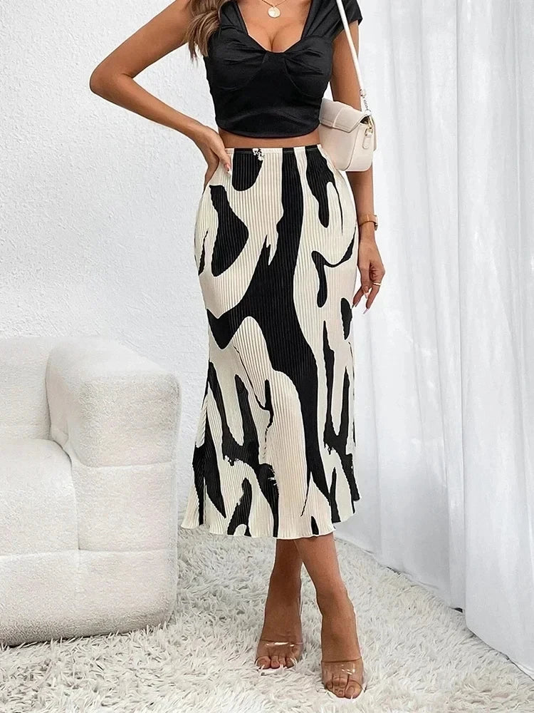 Dressy Casual Graphic Print Pleated Long Skirts Women Autumn Fashion Elastic High Waist Geometry Midi Skirt Streetwear