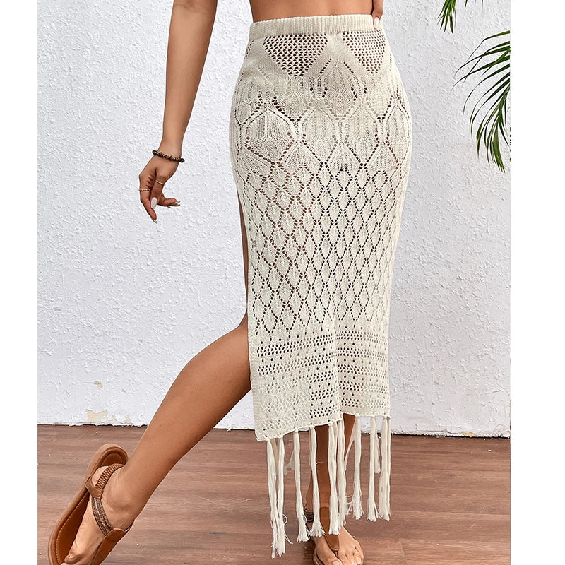 Women Knitted Texture Sarong Skirts Sexy High Slit Tassel Cover-Up Beach Summer Vacation Wrapped Skirt Bikini Cover Up