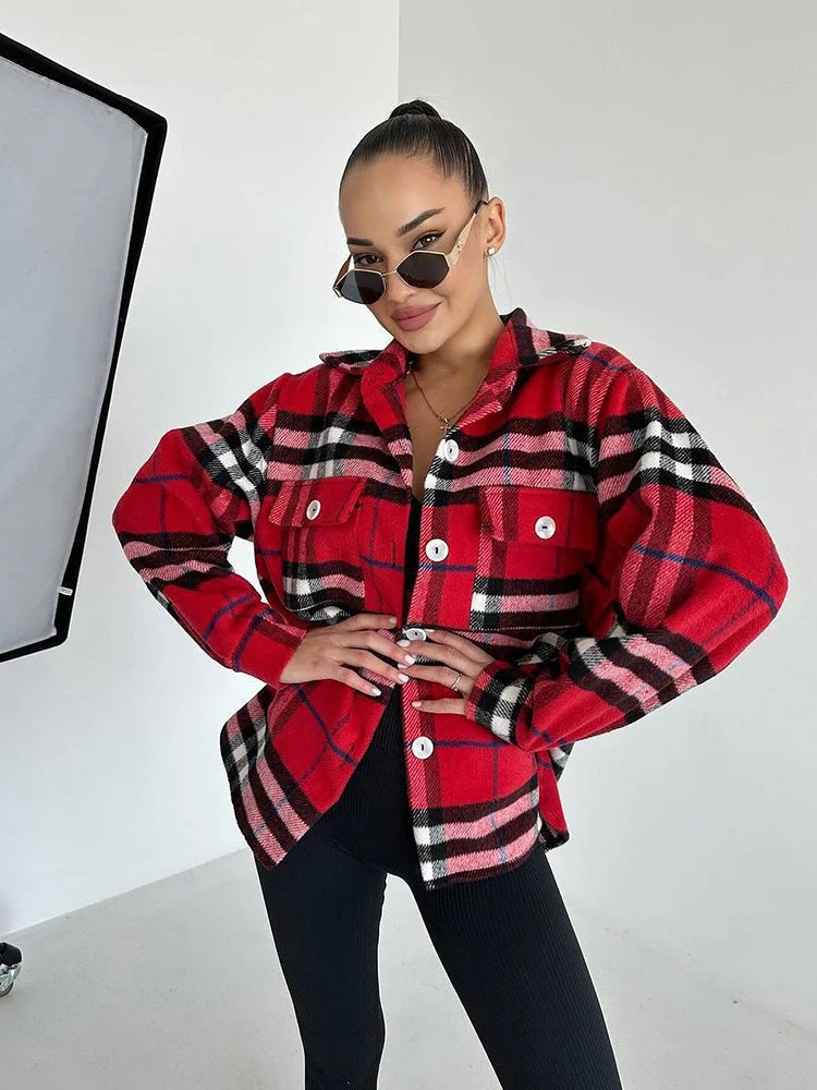 Autumn New Casual Long sleeved Plaid Shirt Cardigan Turn Down Collar Checkered Shirt Casual Loose Basic Blouse for Women