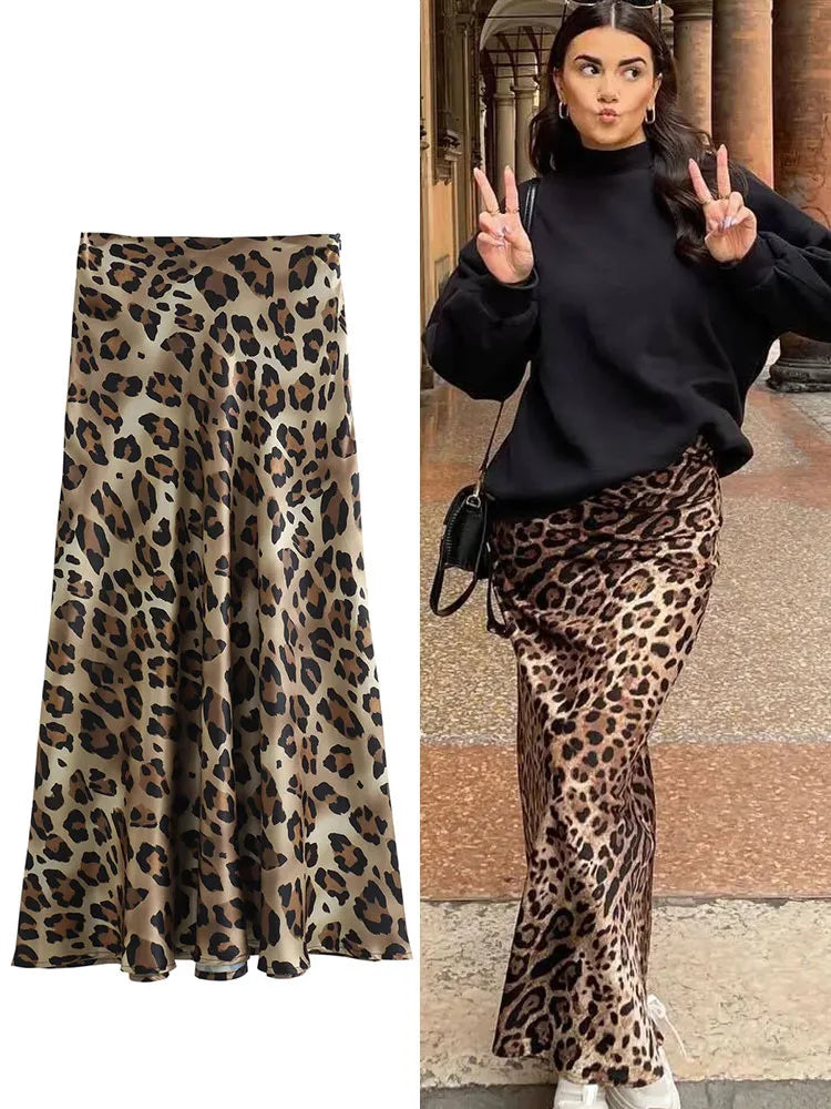 SIYANG 2024 Women Fashion Leopard Print Skirt Vintage High Waist Midi Skirts Elegant Women Summer Casual Streetwear Skirt