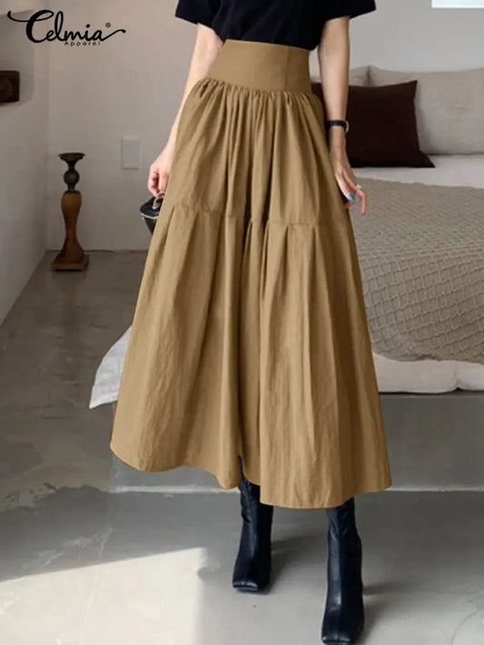 Celmia Fashion Women High Waist Skirt Korean Pleated A-line Party Skirt 2023 Autumn Casual Loose Holiday Zipper Solid Midi Skirt