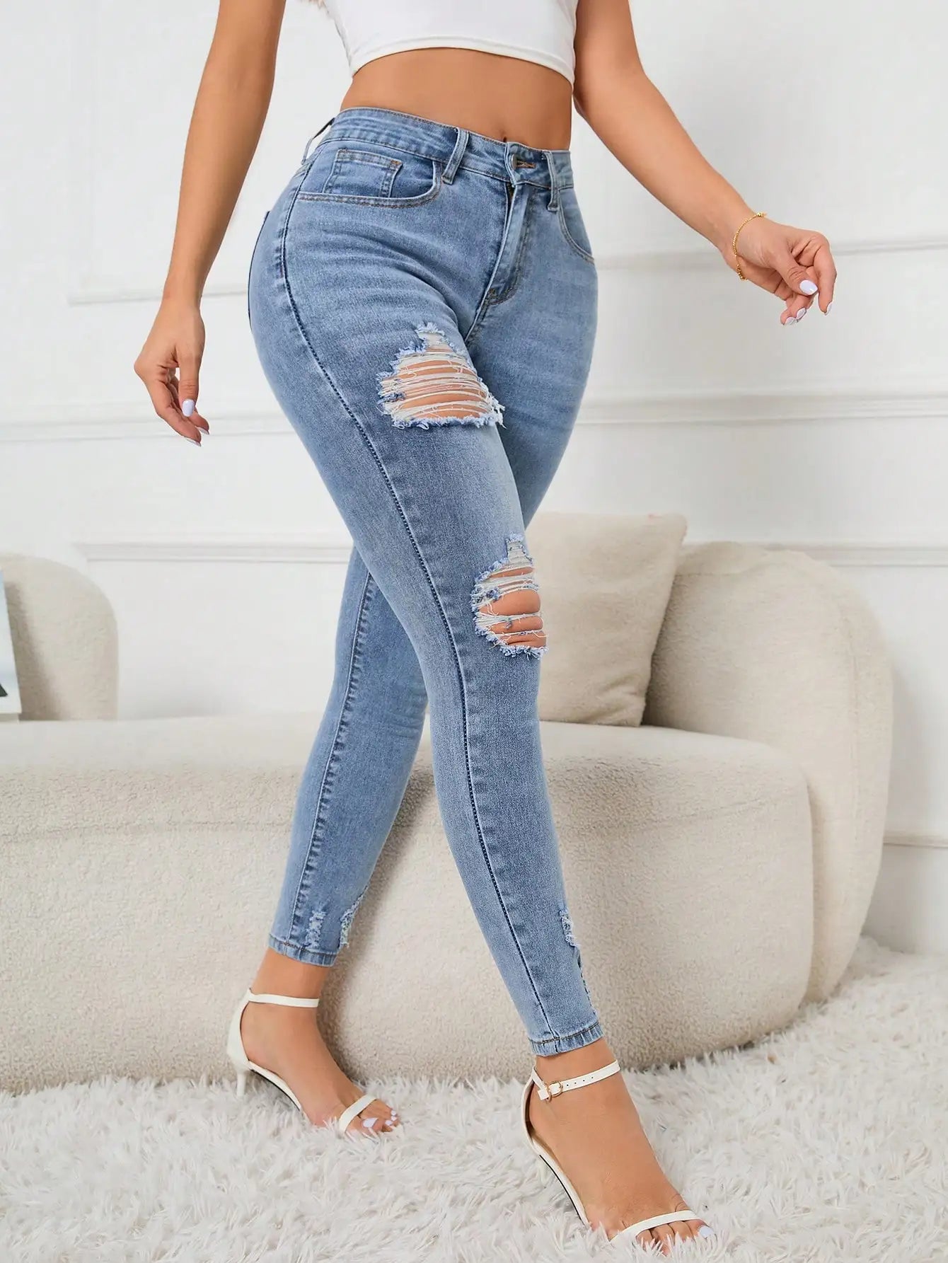 High Waist Blue Hole Jeans