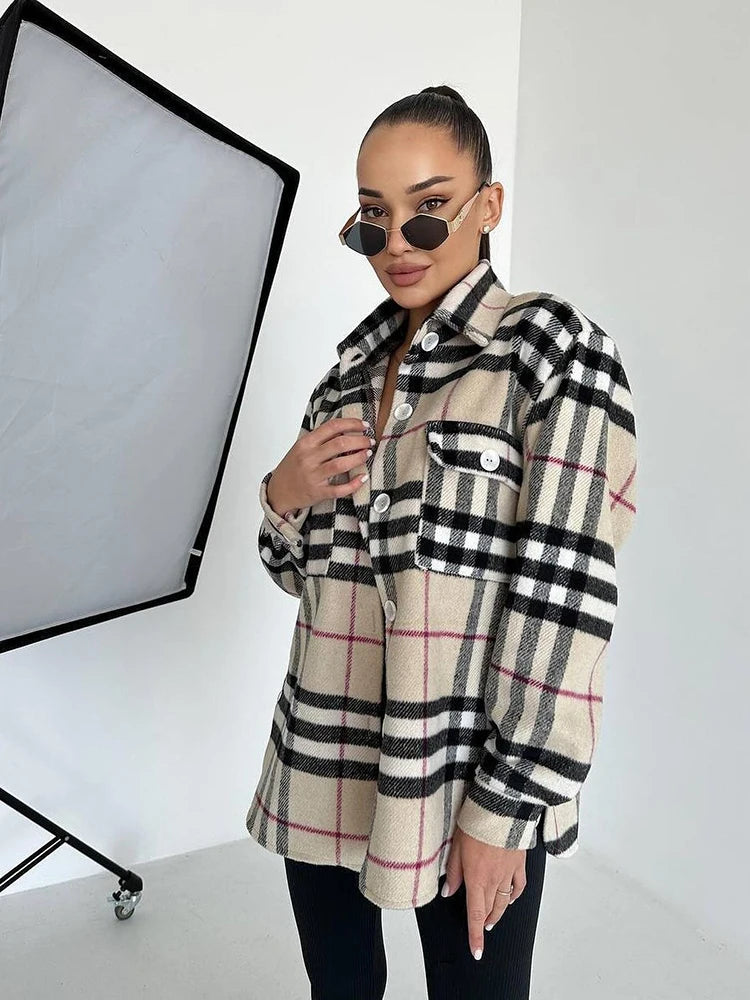 Autumn New Casual Long sleeved Plaid Shirt Cardigan Turn Down Collar Checkered Shirt Casual Loose Basic Blouse for Women