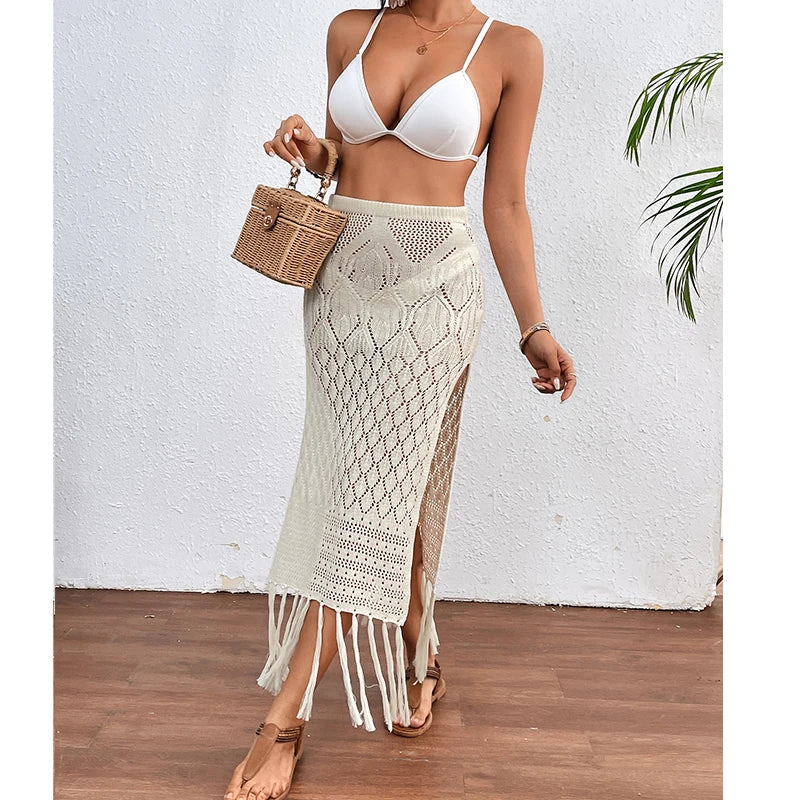 Women Knitted Texture Sarong Skirts Sexy High Slit Tassel Cover-Up Beach Summer Vacation Wrapped Skirt Bikini Cover Up