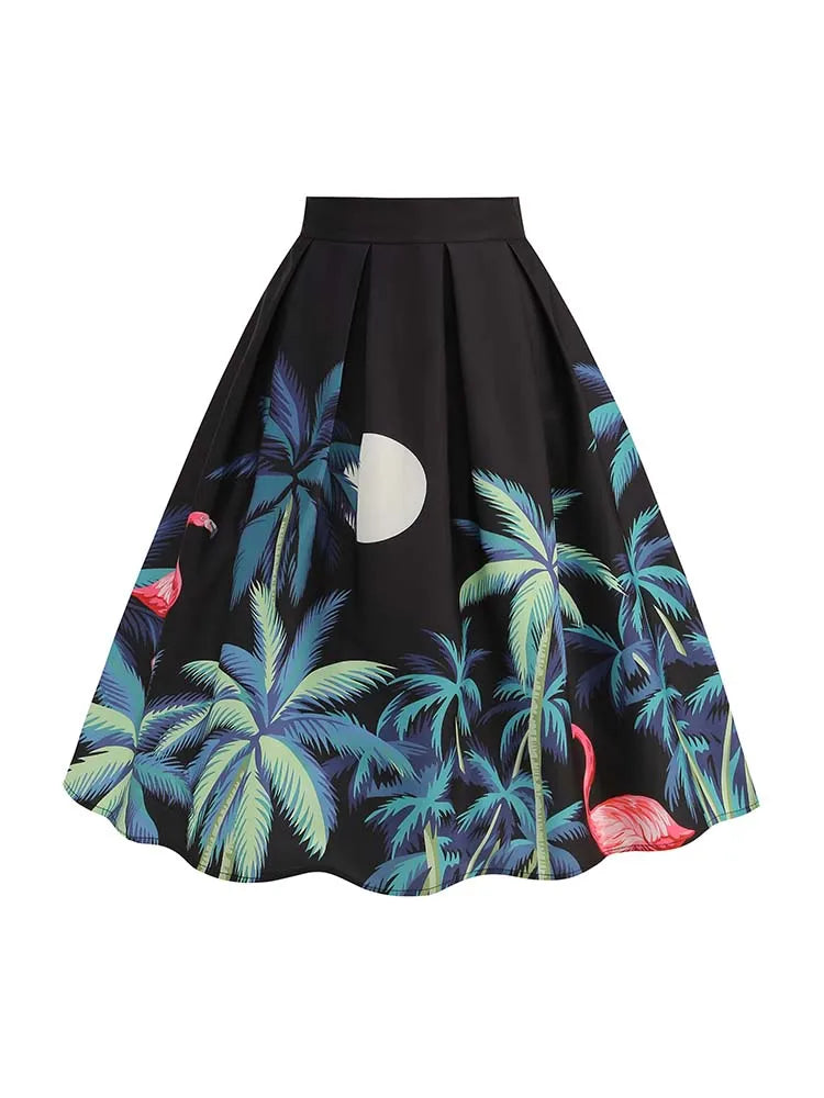 Summer Vintage Rockabilly Skirt 50s 60s Casual Knee Length Women Big Swing Midi Skirts