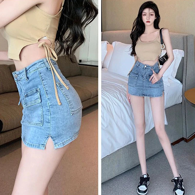 Xpqbb Summer Denim Short Skirt for Women Sexy Slim High Wiast Wrap Hip Mini Skirts Woman Korean Chic Pockets Shorts Jeans Skirt