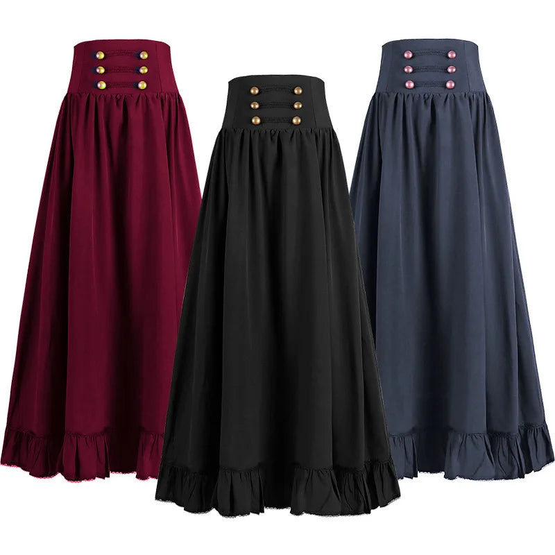 Women Maxi Skirt Vintage Summer High Waist A Line Victorian Long Skirt Steampunk Gothic Ruffled Hem Pleated Party Skirts