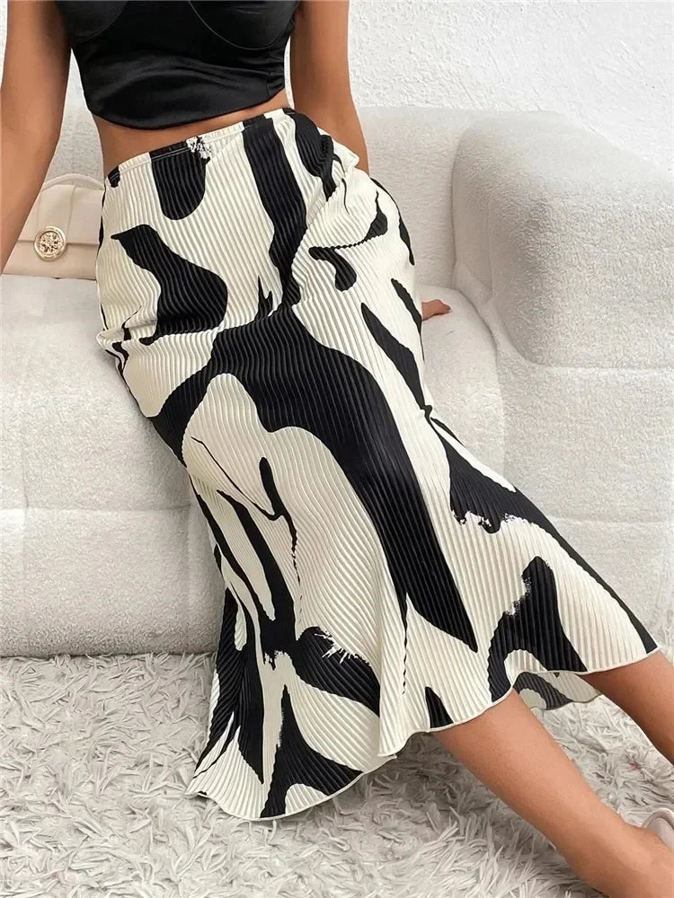 Dressy Casual Graphic Print Pleated Long Skirts Women Autumn Fashion Elastic High Waist Geometry Midi Skirt Streetwear