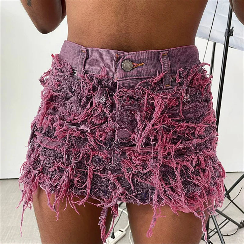 BUILDINGB Tassels Solid Vintage Denim Street Style Short Skirt Women Casual High Waist Skinny Bottom  Streetwear Clothing