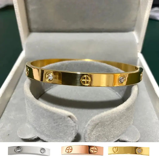 New Design Gold Color titanium steel Zircon And Cross Nut Nail Bracelet & Bangle For Woman Stainless Steel Snap Brand Jewelry