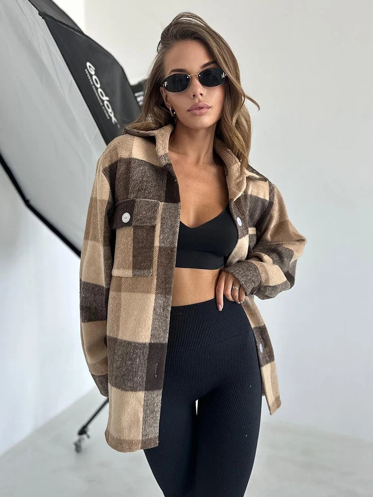 Autumn New Casual Long sleeved Plaid Shirt Cardigan Turn Down Collar Checkered Shirt Casual Loose Basic Blouse for Women