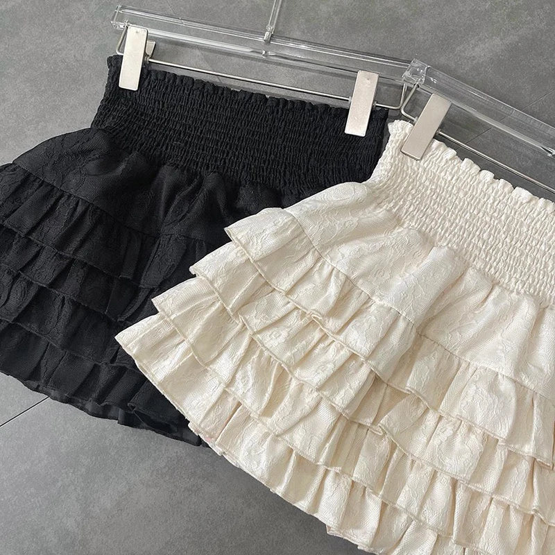 Streetwear Y2k Ruffles Mini Skirts Women Sweet Kawaii High Waist Lace A Line Skirt Summer Korean Fashion Black Ball Gown Skirts