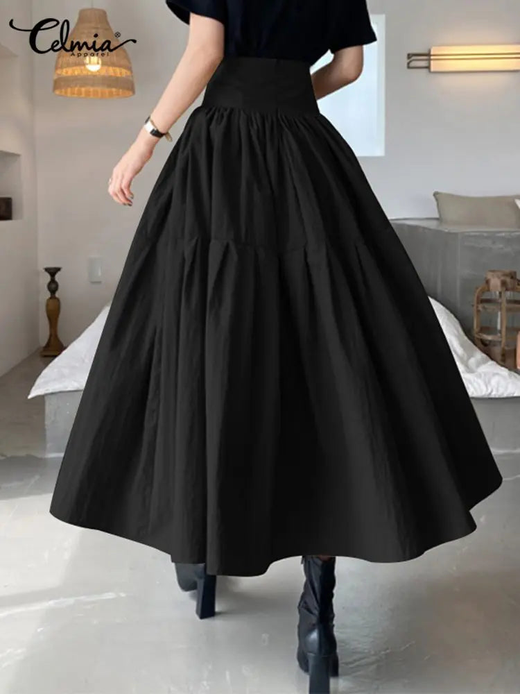 Celmia Fashion Women High Waist Skirt Korean Pleated A-line Party Skirt 2023 Autumn Casual Loose Holiday Zipper Solid Midi Skirt