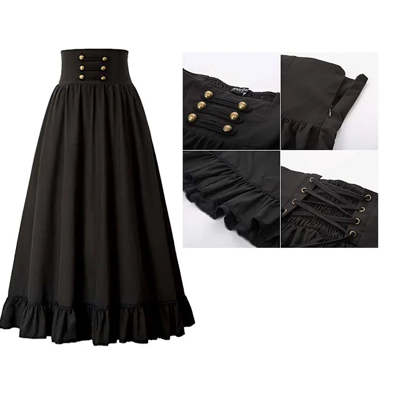 Women Maxi Skirt Vintage Summer High Waist A Line Victorian Long Skirt Steampunk Gothic Ruffled Hem Pleated Party Skirts