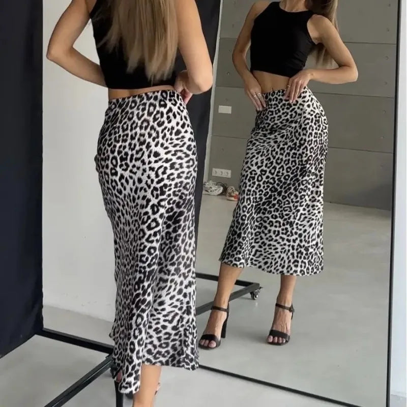 Sexy Leopard Print Long Skirts For Women 2024 Summer Fashion Vintage Women's Satin Maxi Skirt Female High Waist A-Line Skirt