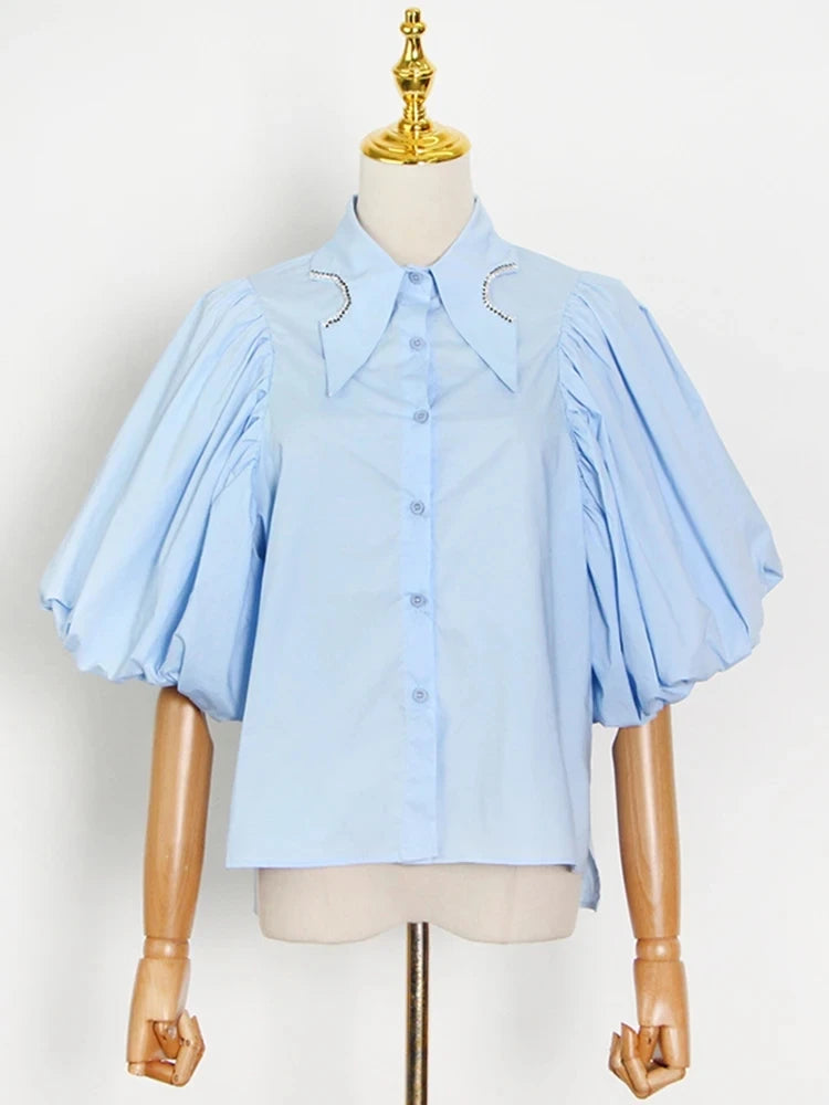 ROMISS Puff Sleeve Short Shirts For Women Lapel Patchwork Diamonds Solid Loose Blouses Female Fashion Clothing Spring 2024 New