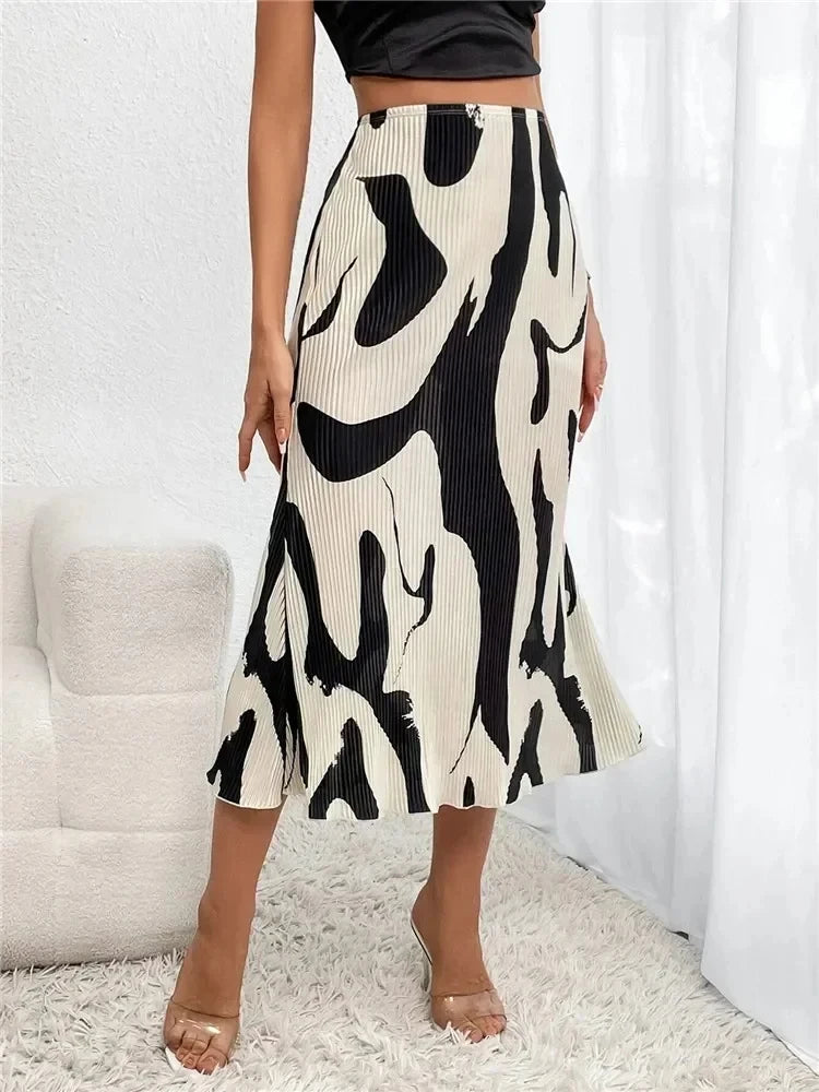 Dressy Casual Graphic Print Pleated Long Skirts Women Autumn Fashion Elastic High Waist Geometry Midi Skirt Streetwear