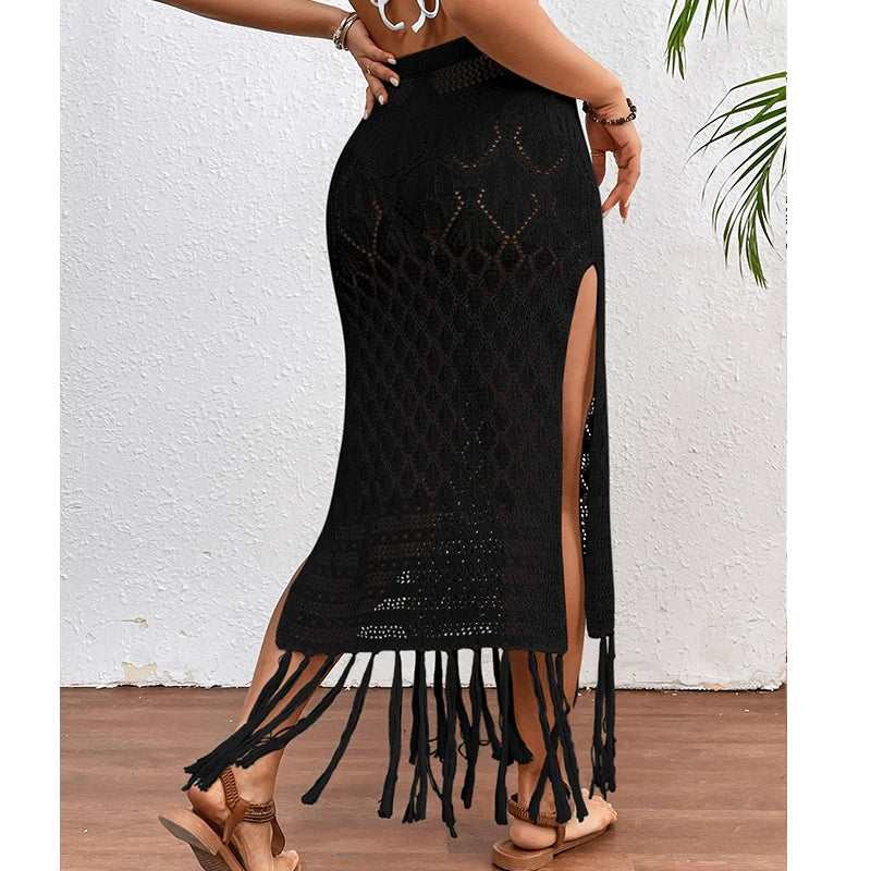 Women Knitted Texture Sarong Skirts Sexy High Slit Tassel Cover-Up Beach Summer Vacation Wrapped Skirt Bikini Cover Up