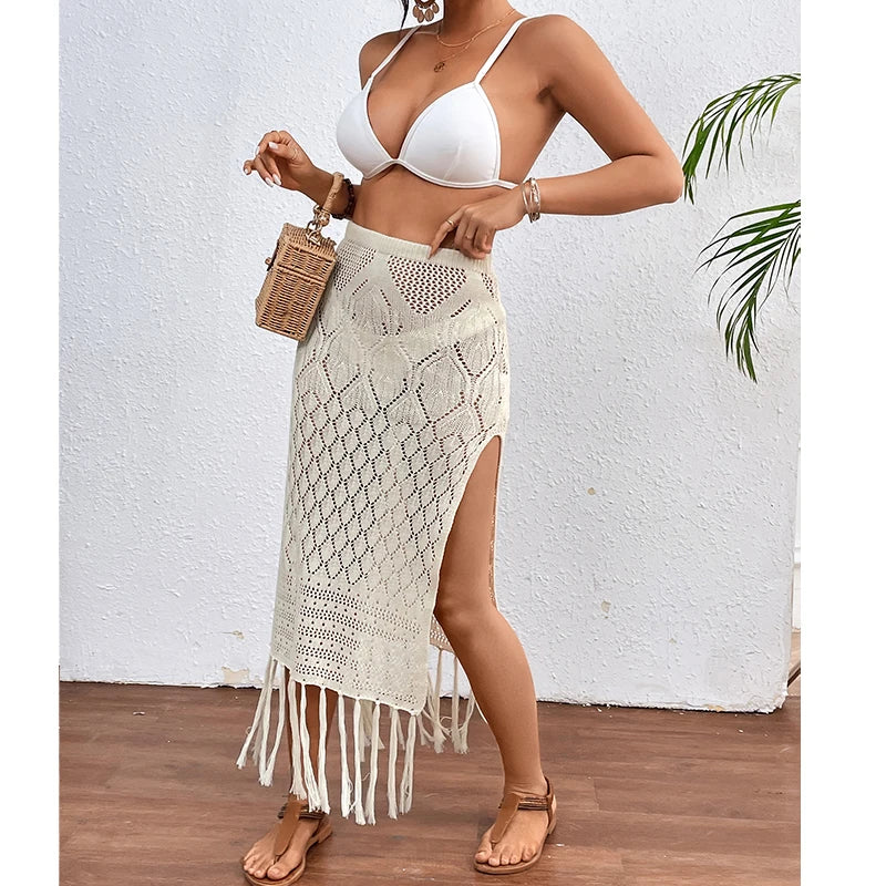 Women Knitted Texture Sarong Skirts Sexy High Slit Tassel Cover-Up Beach Summer Vacation Wrapped Skirt Bikini Cover Up