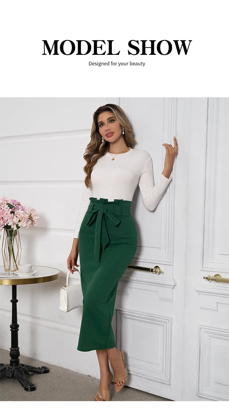 European and American midi skirt Spring and Autumn new high waisted slim fitting lace up OL hip hugging skirt professional skirt