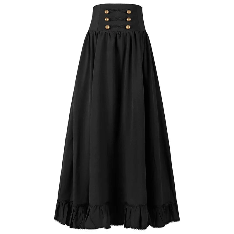 Women Maxi Skirt Vintage Summer High Waist A Line Victorian Long Skirt Steampunk Gothic Ruffled Hem Pleated Party Skirts