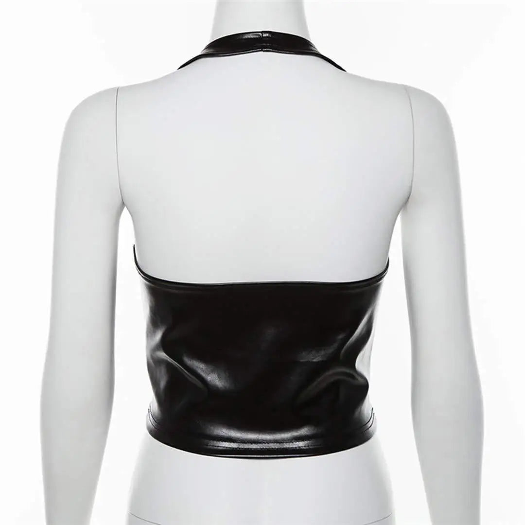 Sexy Punk Y2K Black PU Leather Crop Top Womens Backless Camisole 2022 Summer Vest Fashion Club Wear Tank Tops