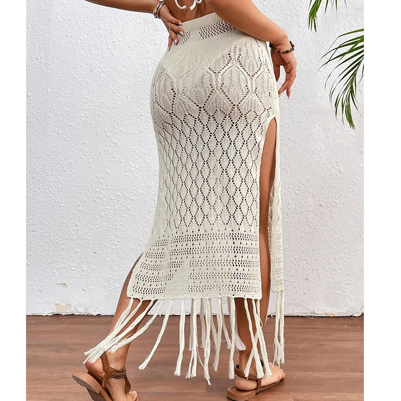 Women Knitted Texture Sarong Skirts Sexy High Slit Tassel Cover-Up Beach Summer Vacation Wrapped Skirt Bikini Cover Up