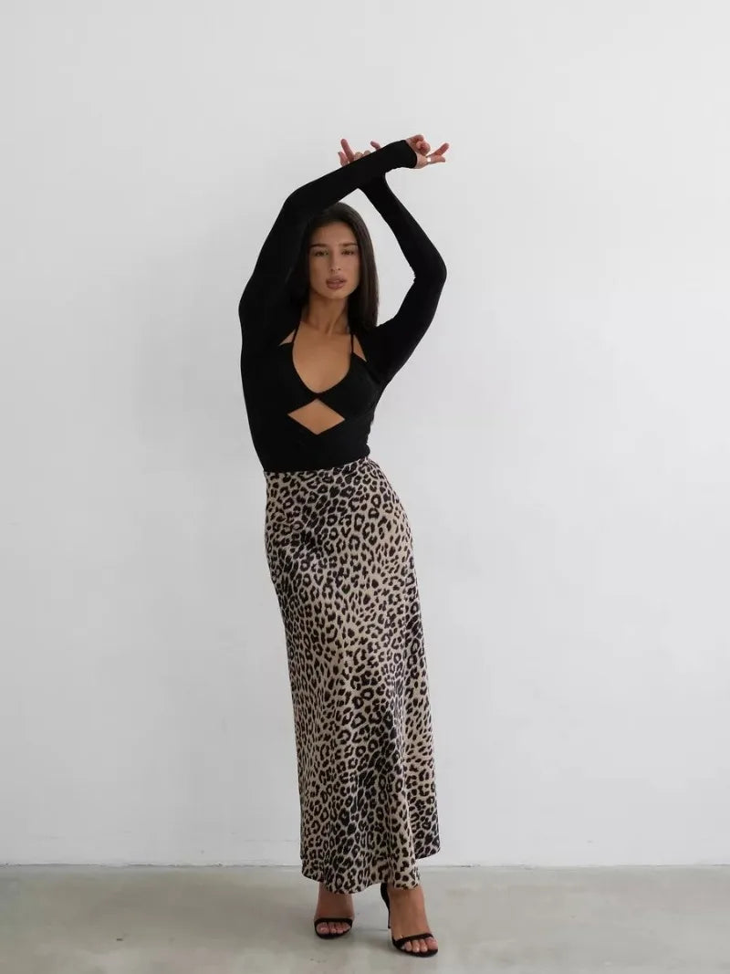 Sexy Leopard Print Long Skirts For Women 2024 Summer Fashion Vintage Women's Satin Maxi Skirt Female High Waist A-Line Skirt