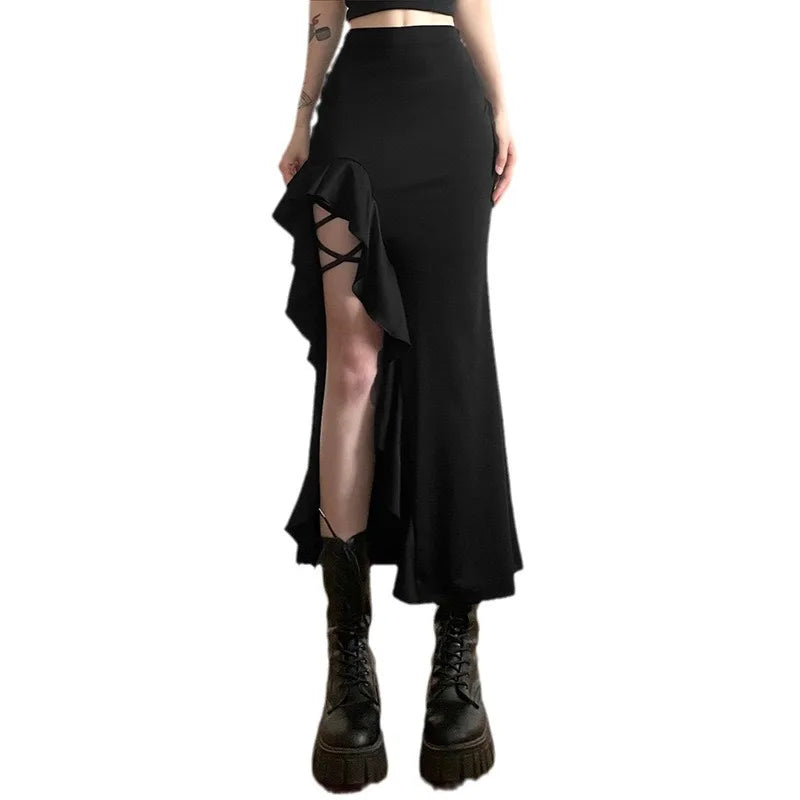 Big Size Women's Spice Girls Summer Wear Irregular Wooden Ear Edge Side Split Black Sweet Coolred Medium Long Half-body Skirt