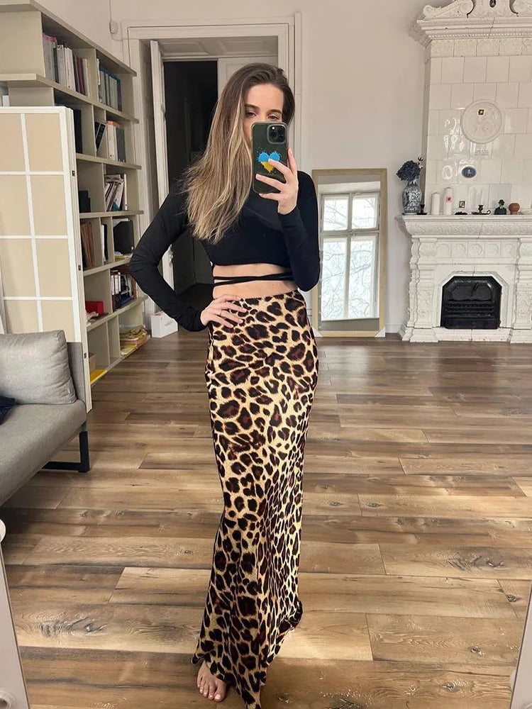 SIYANG 2024 Women Fashion Leopard Print Skirt Vintage High Waist Midi Skirts Elegant Women Summer Casual Streetwear Skirt