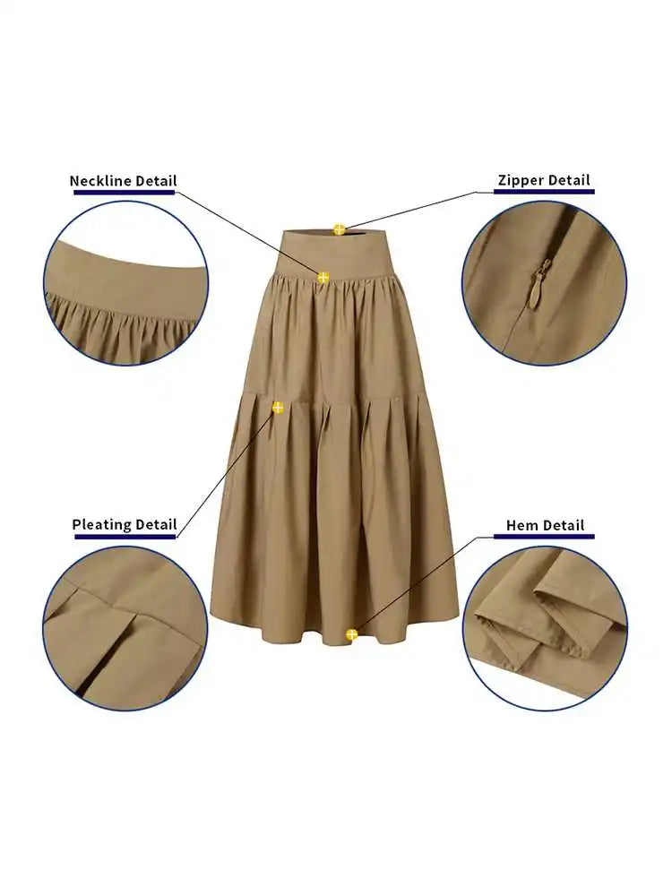 Celmia Fashion Women High Waist Skirt Korean Pleated A-line Party Skirt 2023 Autumn Casual Loose Holiday Zipper Solid Midi Skirt