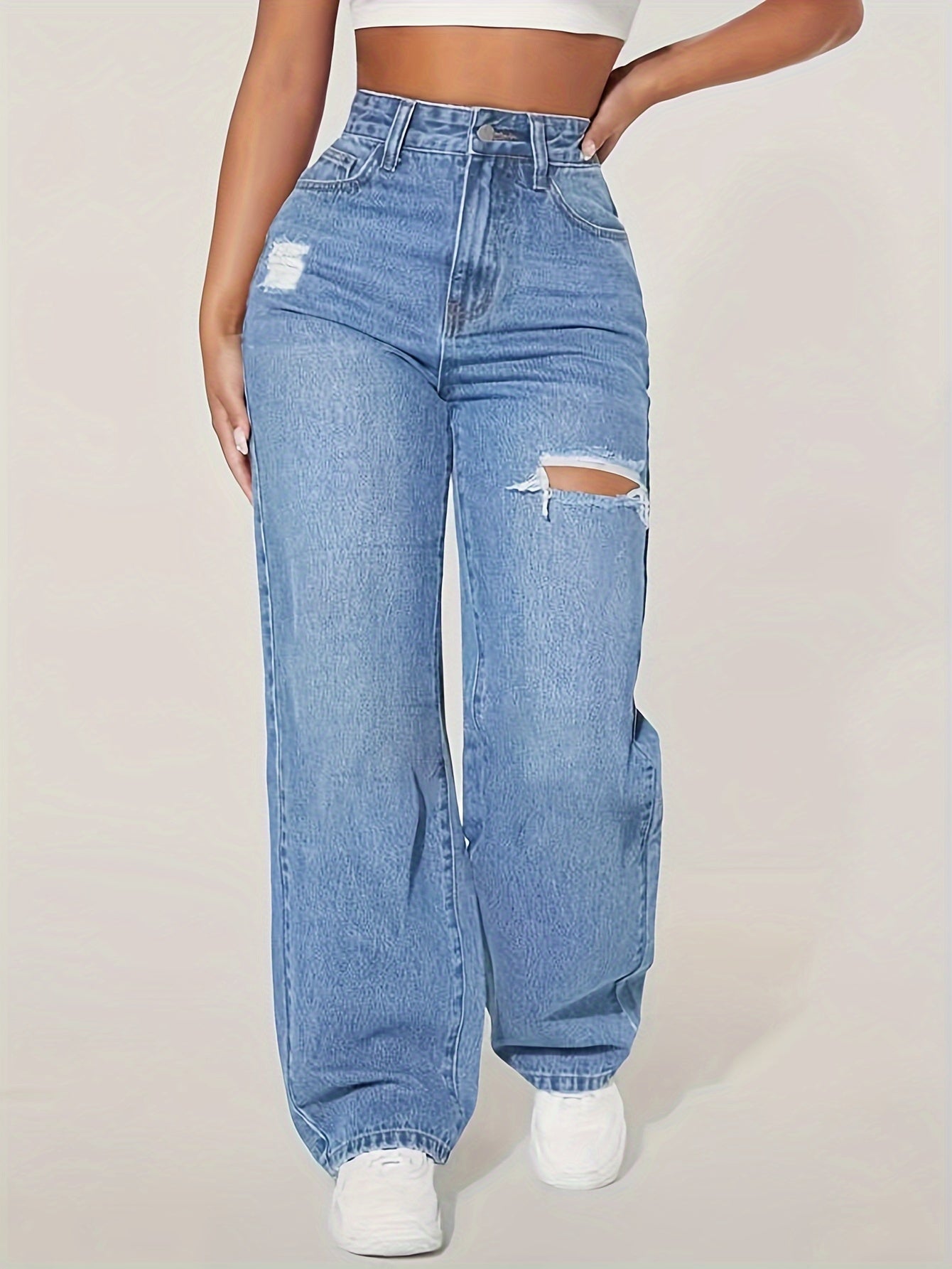 Ripped Loose Fit Straight Jeans