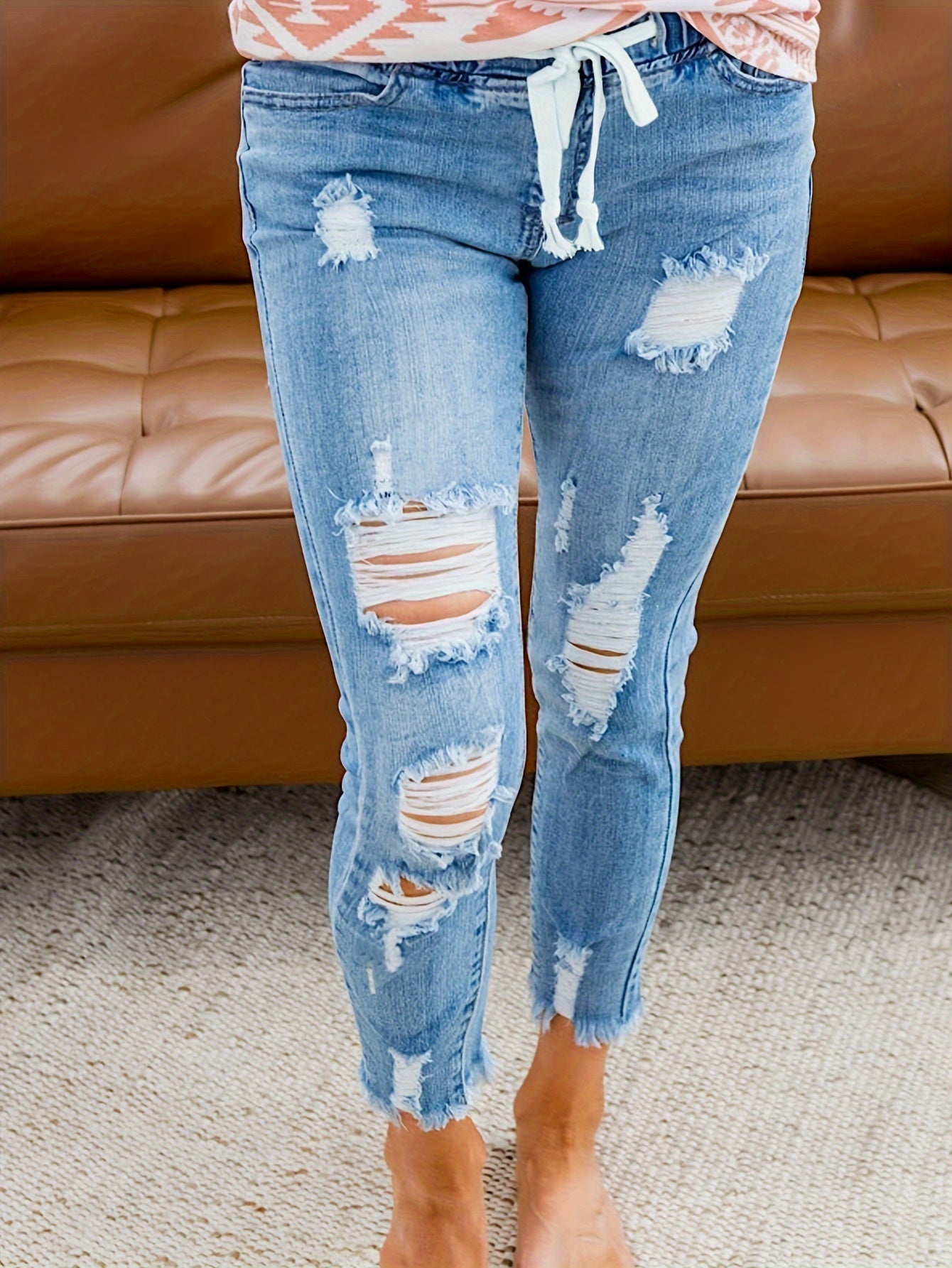 Ripped Drawstring Denim Pants