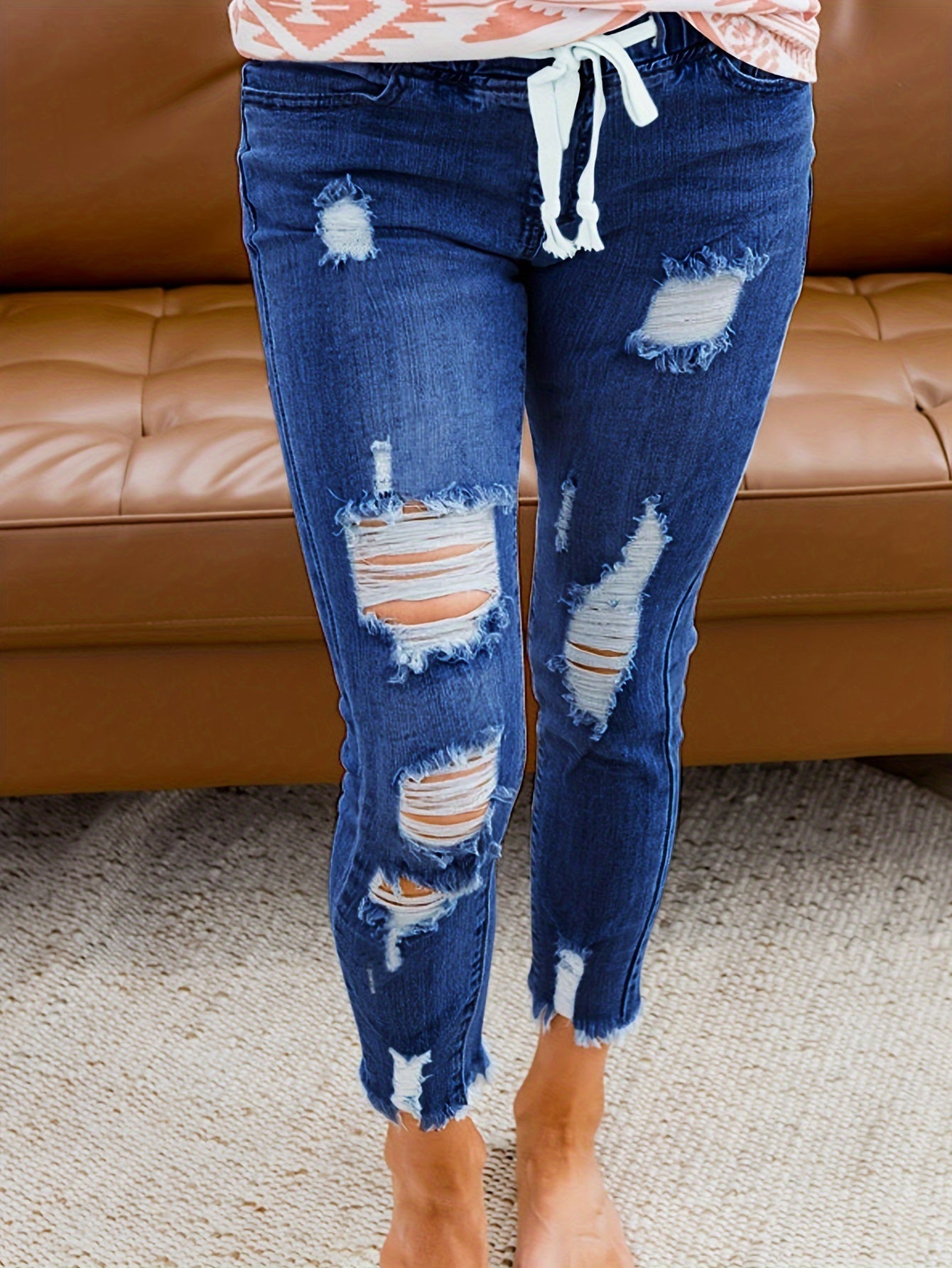 Ripped Drawstring Denim Pants