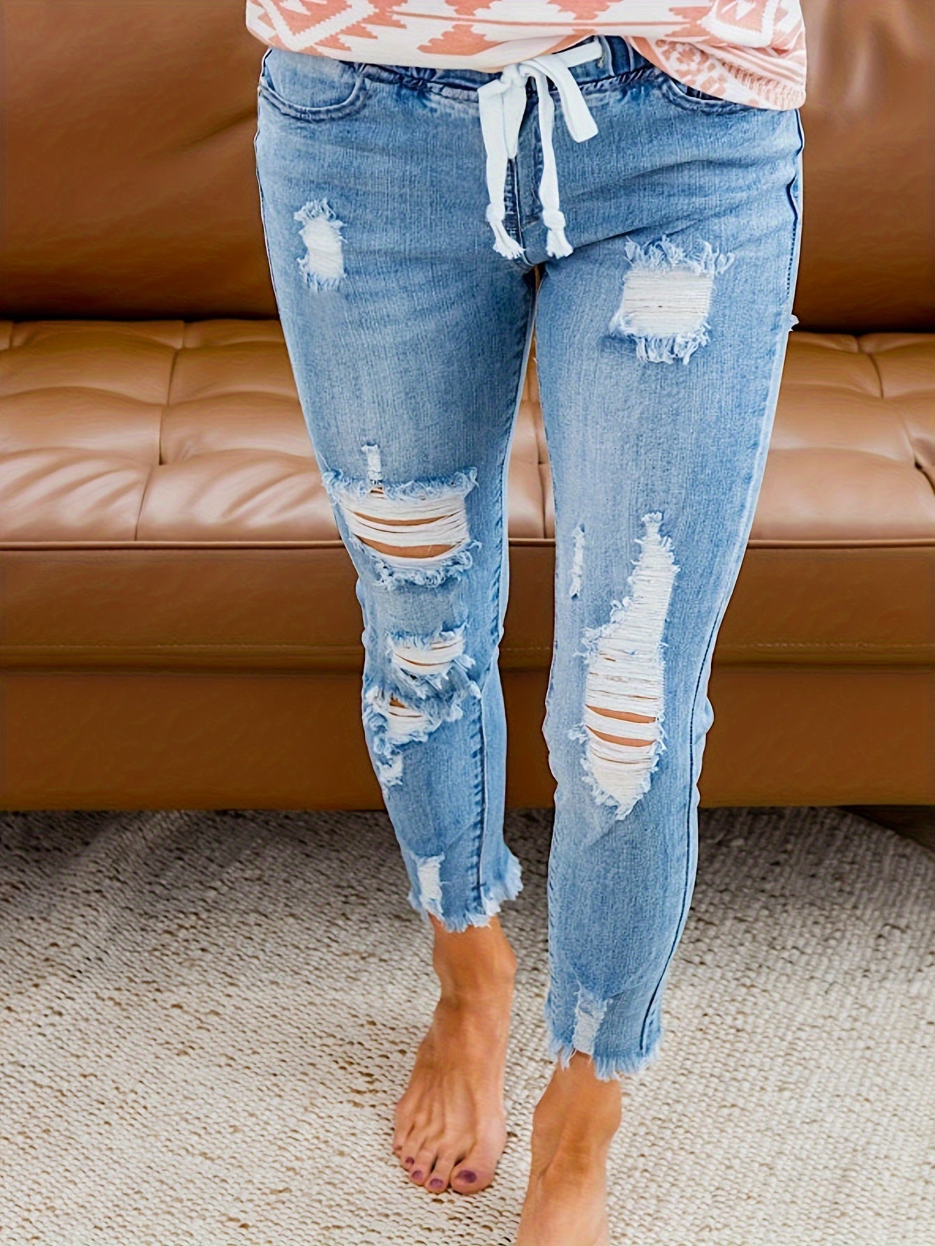 Ripped Drawstring Denim Pants