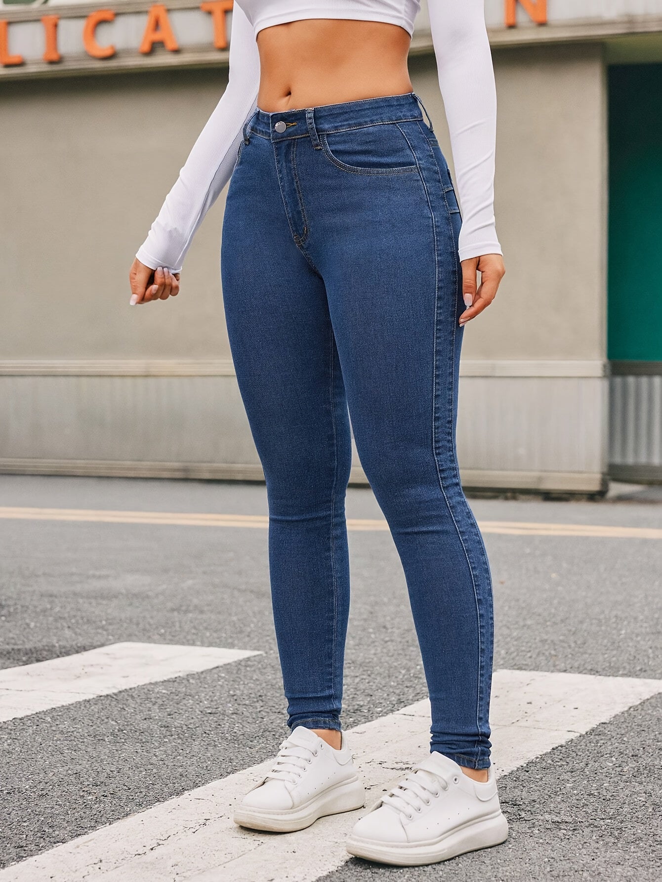 Plain High-Waist Skinny Jeans