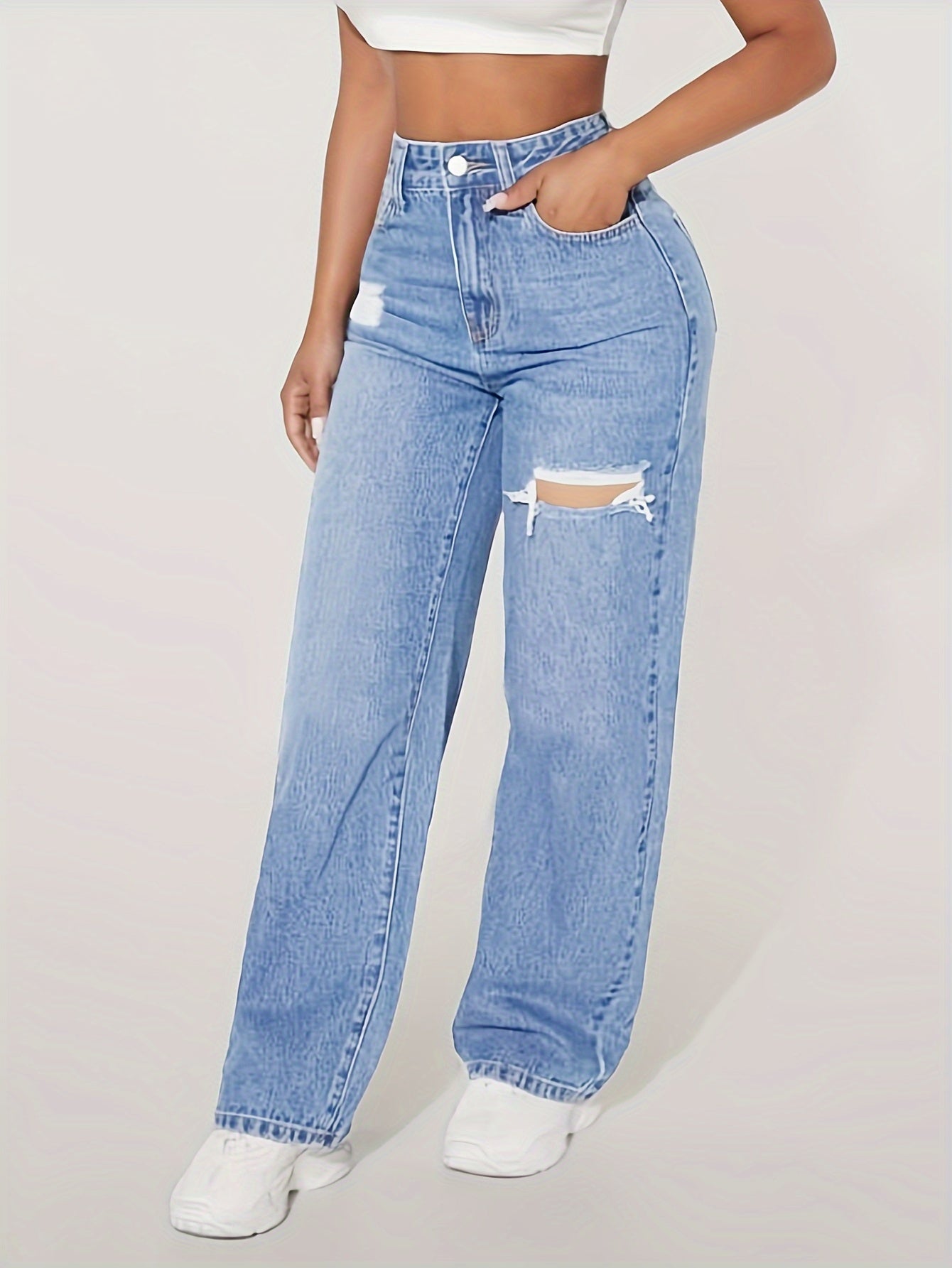 Ripped Loose Fit Straight Jeans